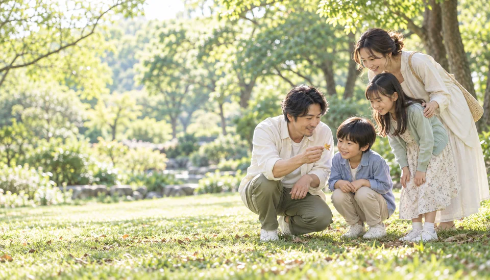 家族で葉っぱを見つけて会話が弾むひとときのイメージ