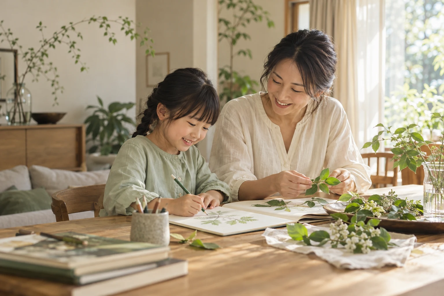 親子で植物の絵を描く学びの時間のイメージ