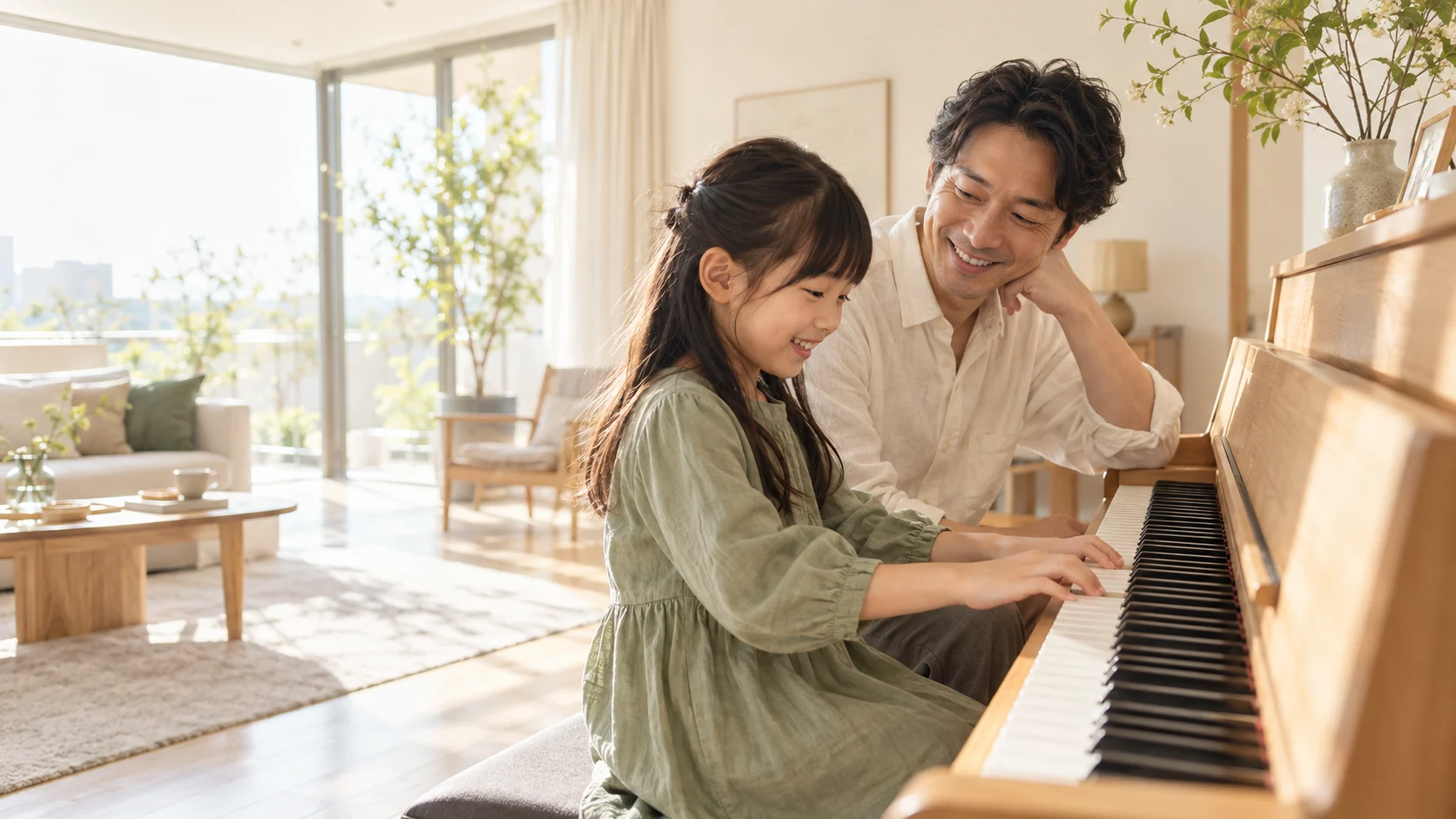 ピアノを楽しむ娘を、隣で温かく見守る日本人の父親のイメージ
